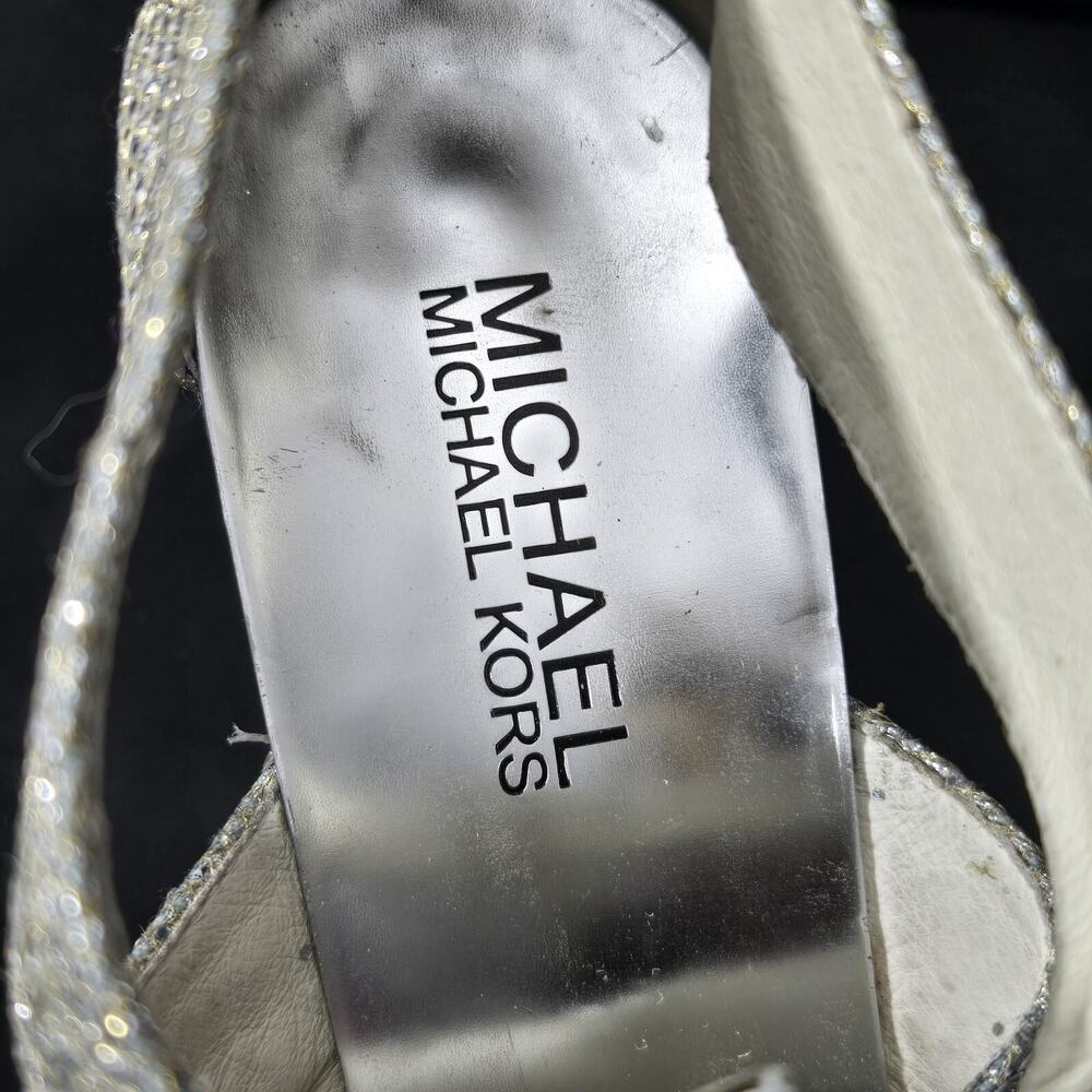 Michael Kors Women's Berkley Size 7.5 High Heel Silver Glitter Zip Sandal Shoes - Picture 3 of 16